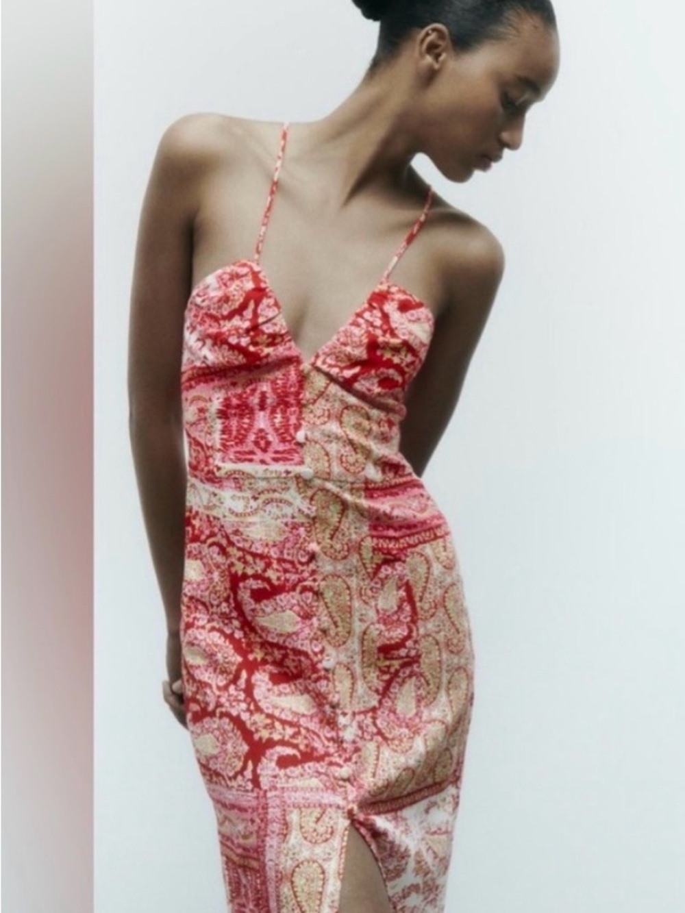 Zara Red Paisley Midi Slip Dress with Spaghetti Straps